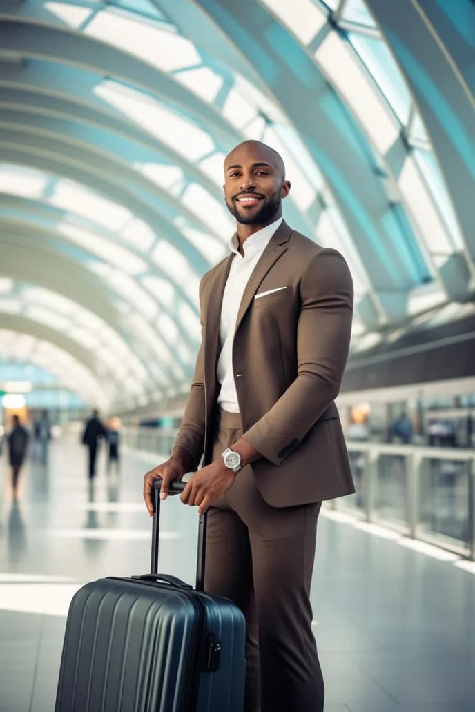 A business traveler with a suitcase in a modern airport concourse