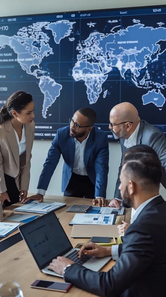 Executives reviewing global route data on a screen in a boardroom