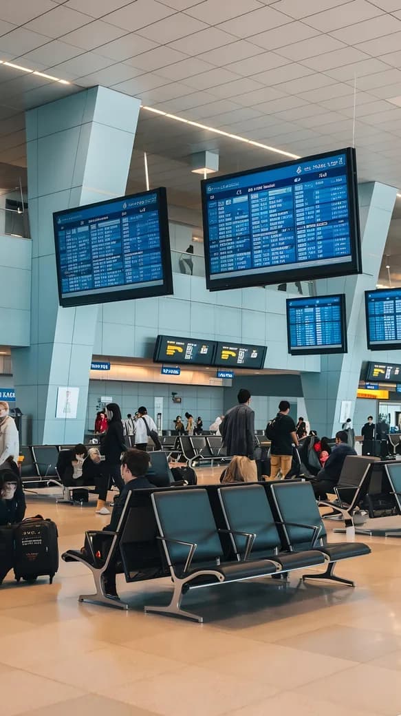 A departures hall with flight information screens above the seating area