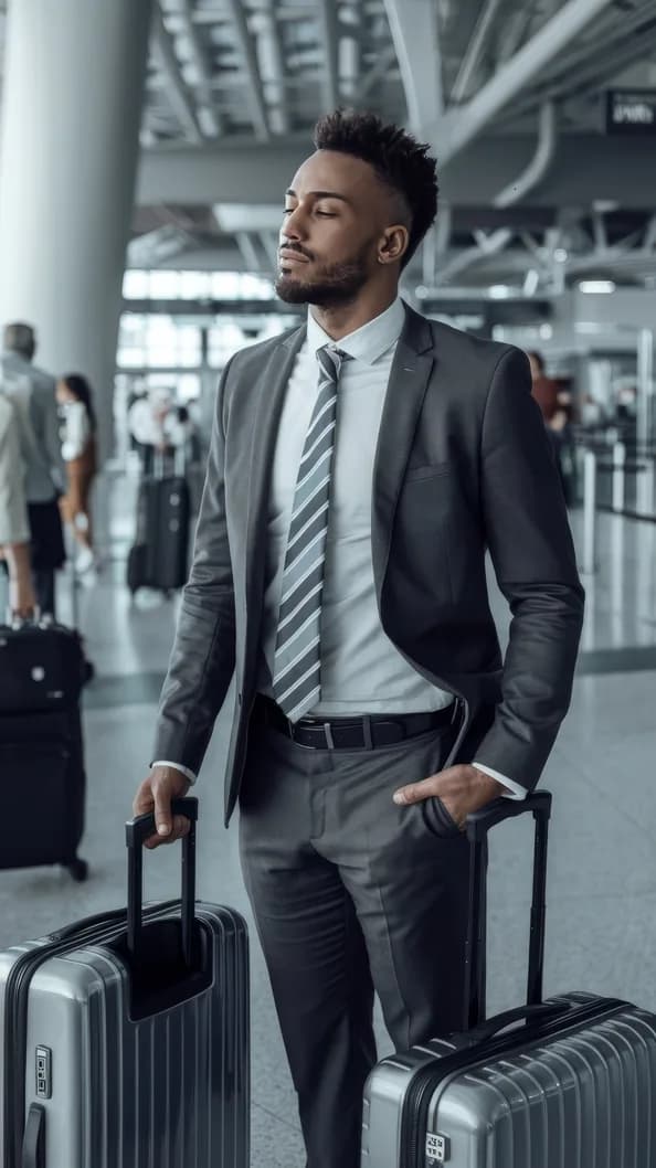 A business traveler waiting with a suitcase in an airport terminal