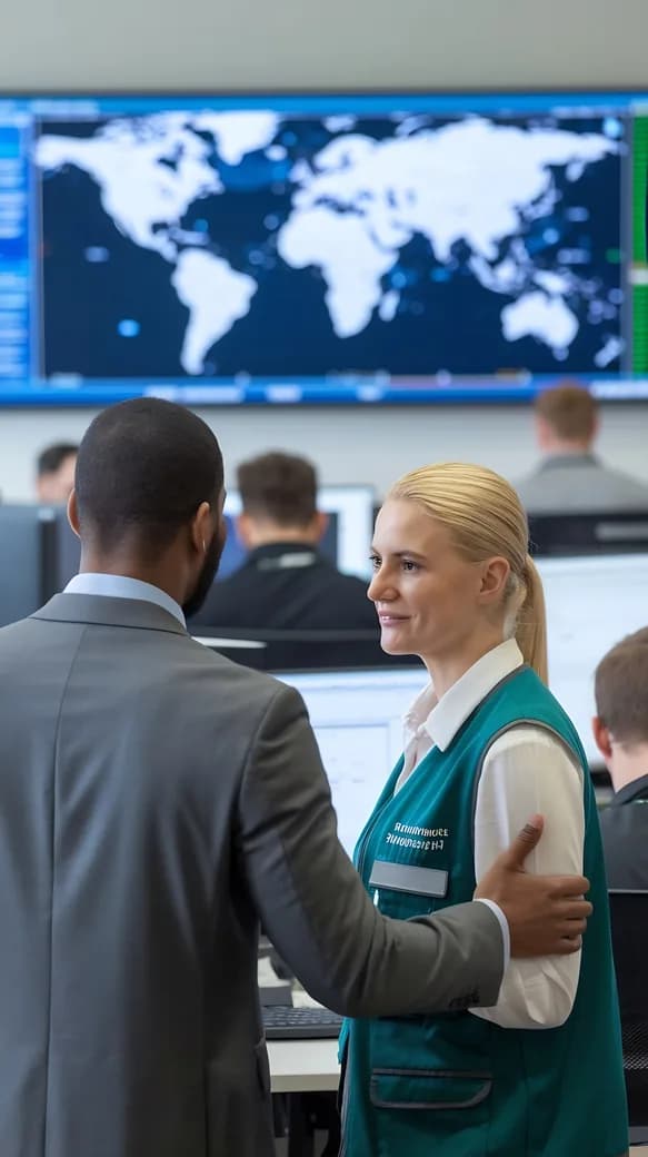 Airport staff conferring in front of a global flight operations display