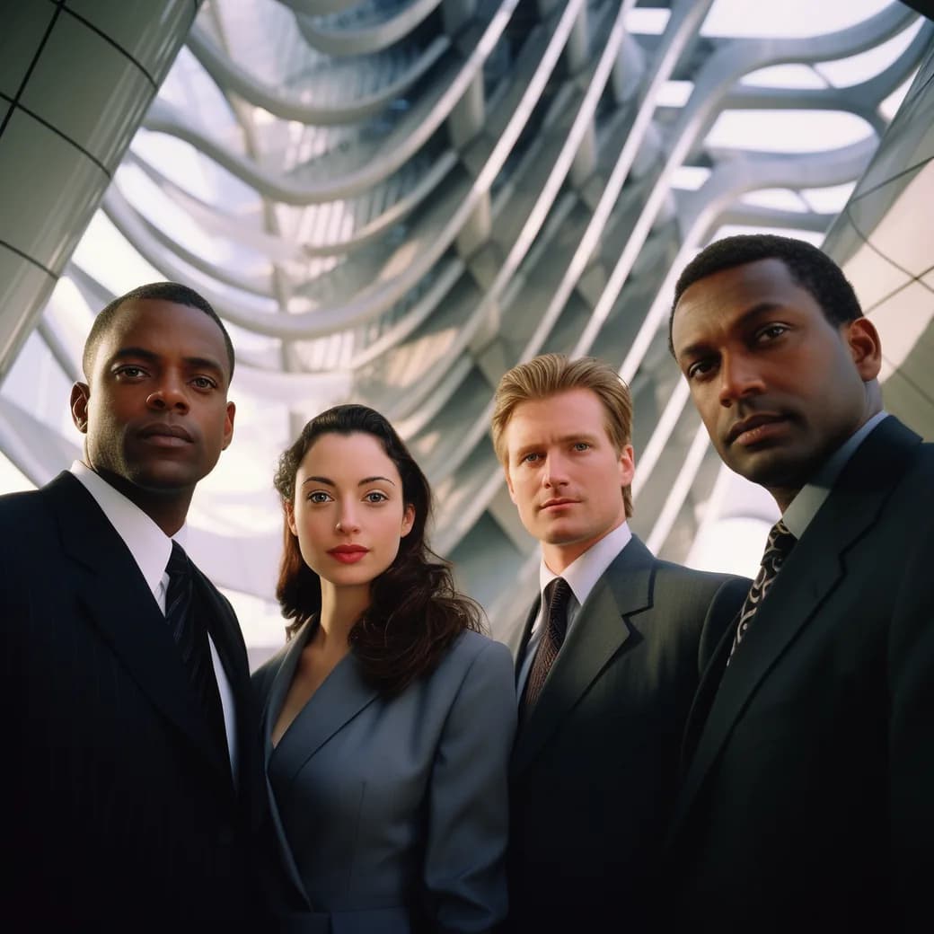 Four business travelers standing together beneath an airport terminal canopy
