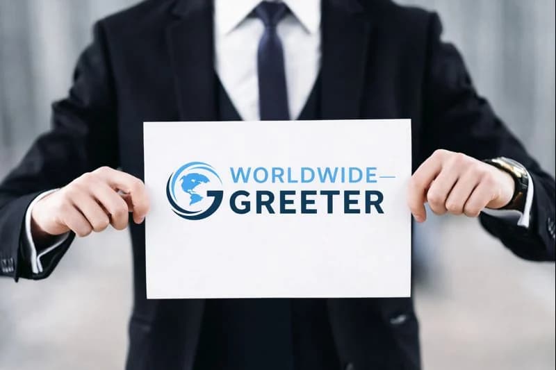 A Worldwide Greeter representative holding a branded meet and greet sign