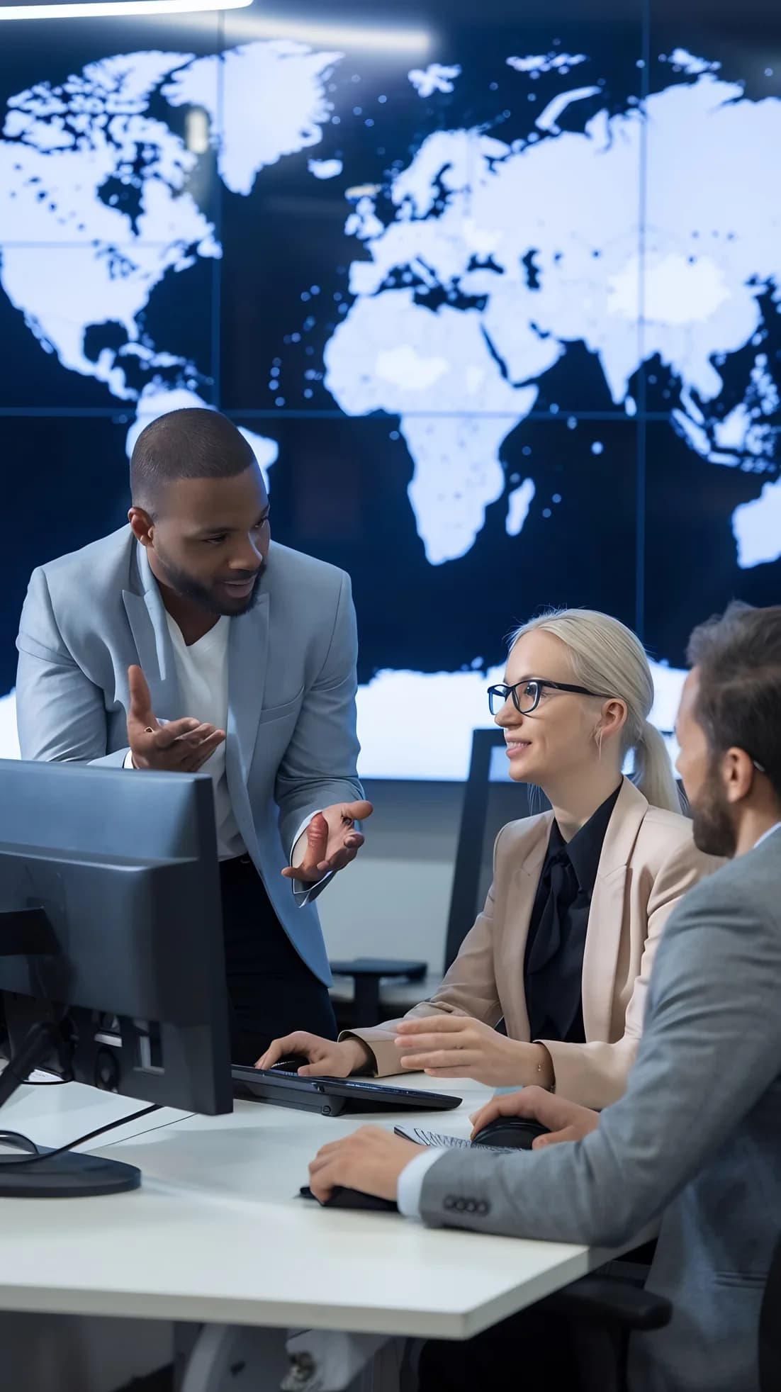 Travel professionals reviewing a world map display together