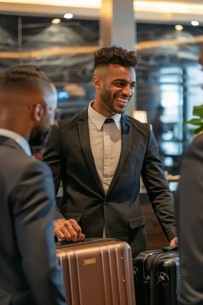 Two guests checking in together at a hotel