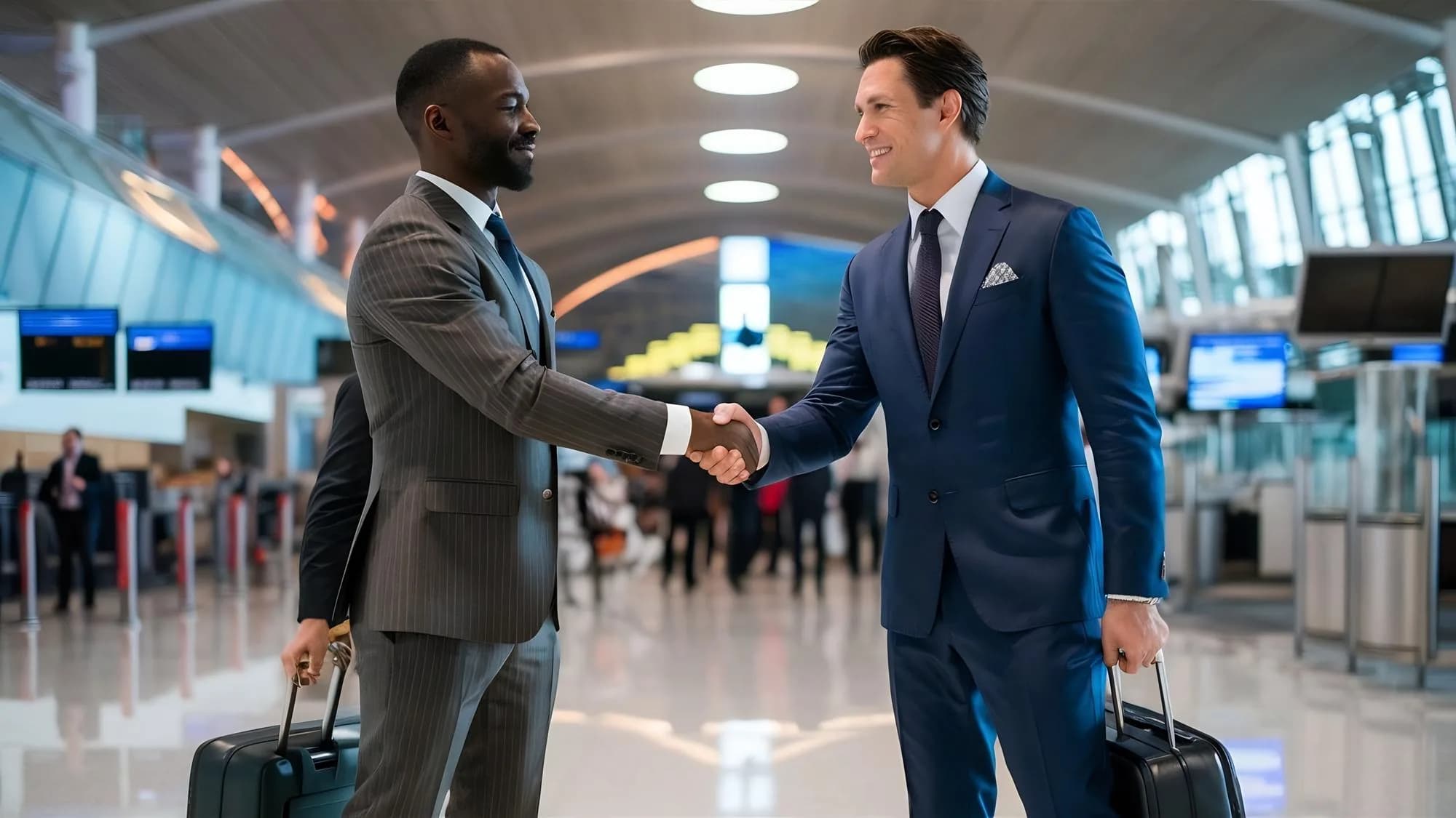 A greeter shaking hands with a traveler in an airport terminal