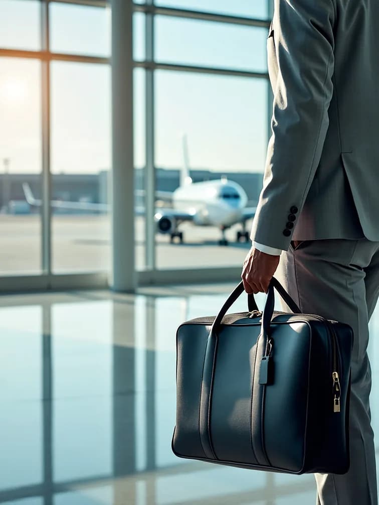 A business traveler holding a briefcase beside the terminal window