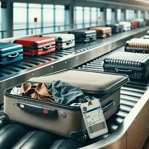 An open suitcase with a printed bag tag resting on an airport baggage carousel
