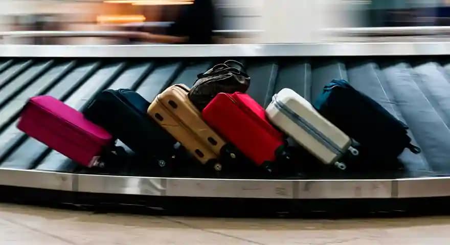 Suitcases moving along an airport baggage carousel
