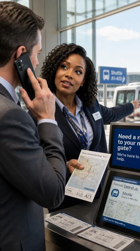 A greeter guiding a traveler toward the connecting gate