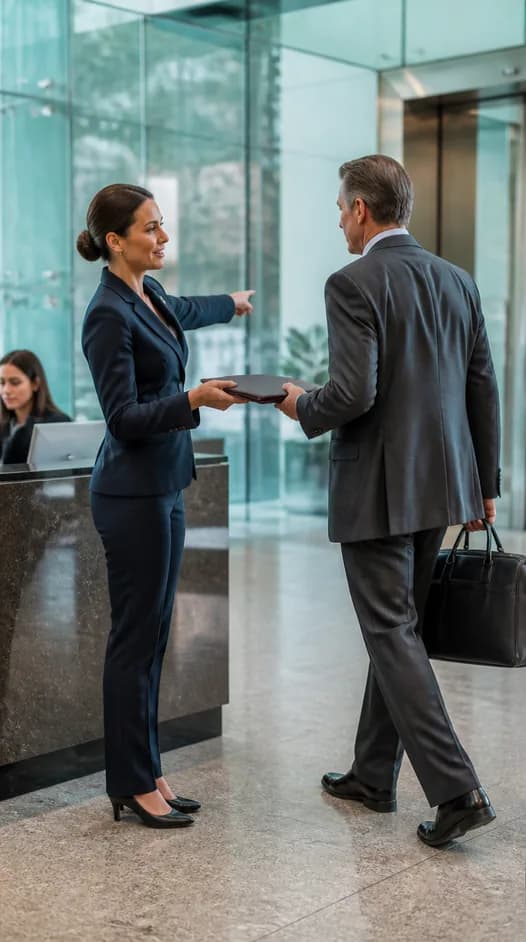 An agent directing a traveler toward the check-in desk