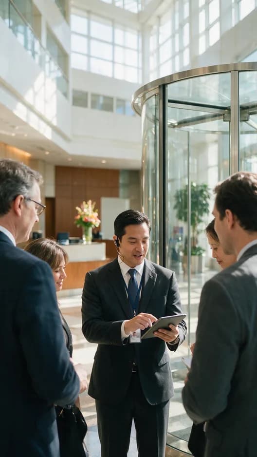 A greeter briefing arriving executives in a hotel lobby