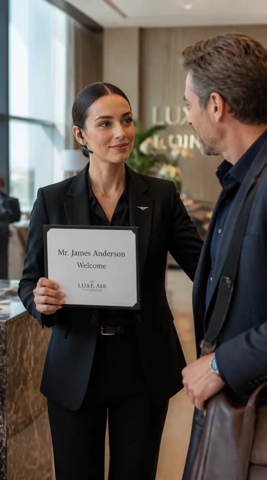 A representative holding a personalized welcome sign for a VIP guest