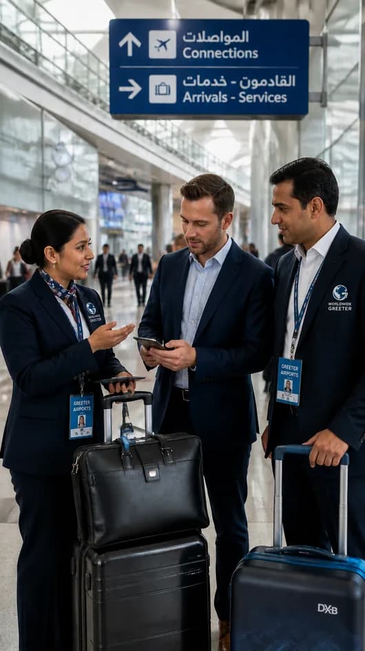 Greeters briefing an executive traveler in the terminal
