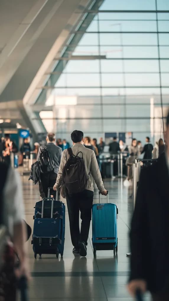 Passengers walking through the terminal with trolley bags