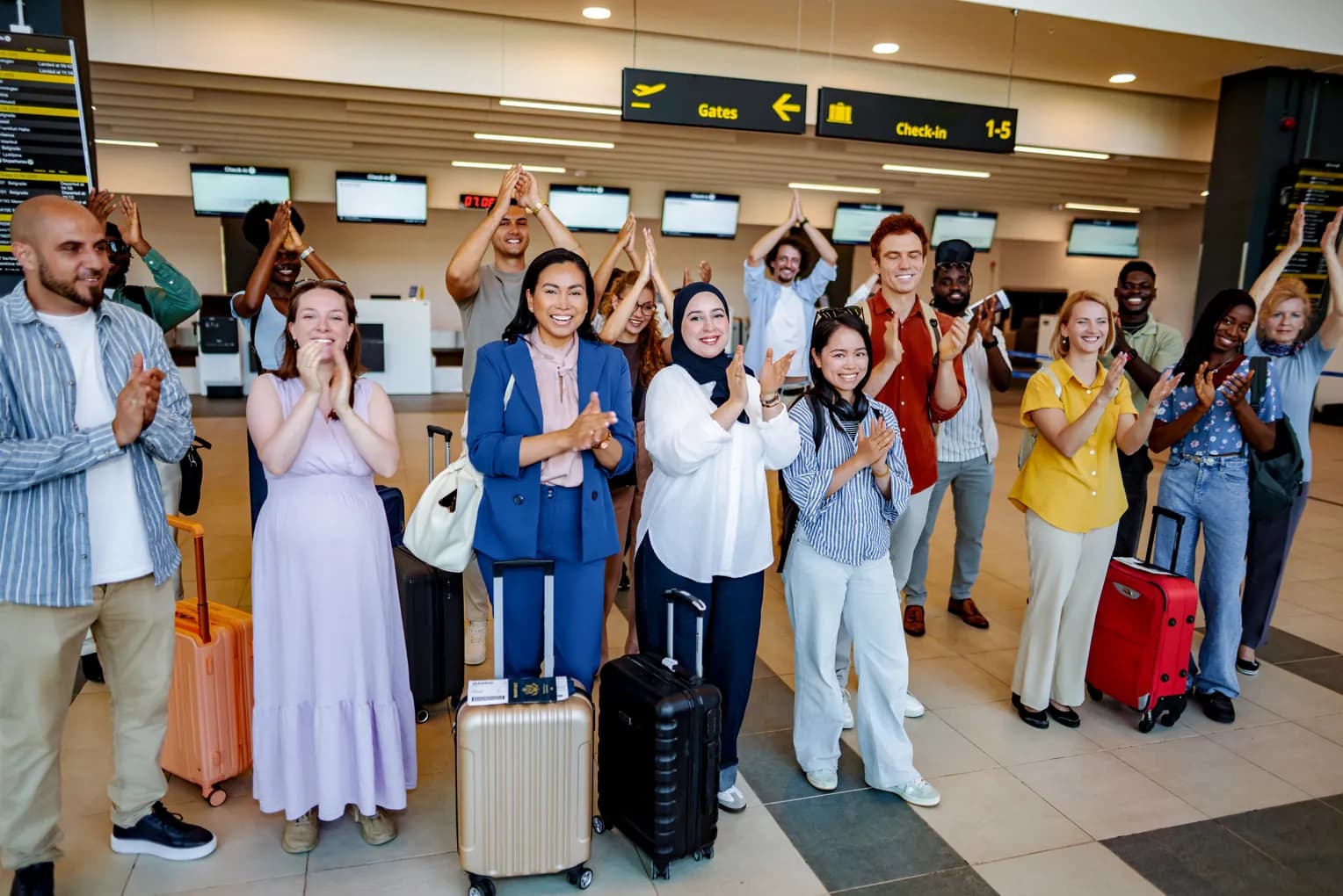Travelers moving through the terminal on separate itineraries