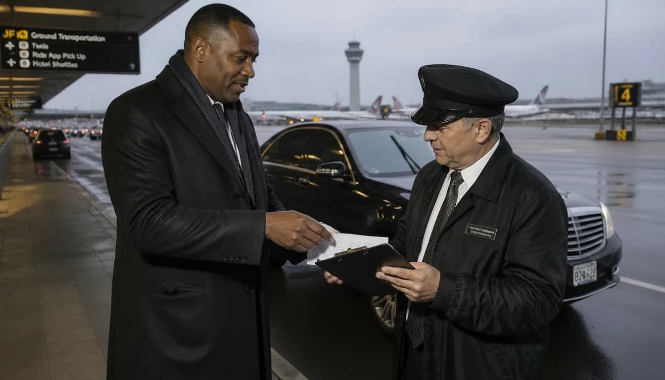 A chauffeur reviewing paperwork with a traveler beside a vehicle on the apron