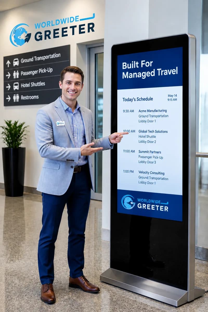 A greeter presenting the Worldwide Greeter service board