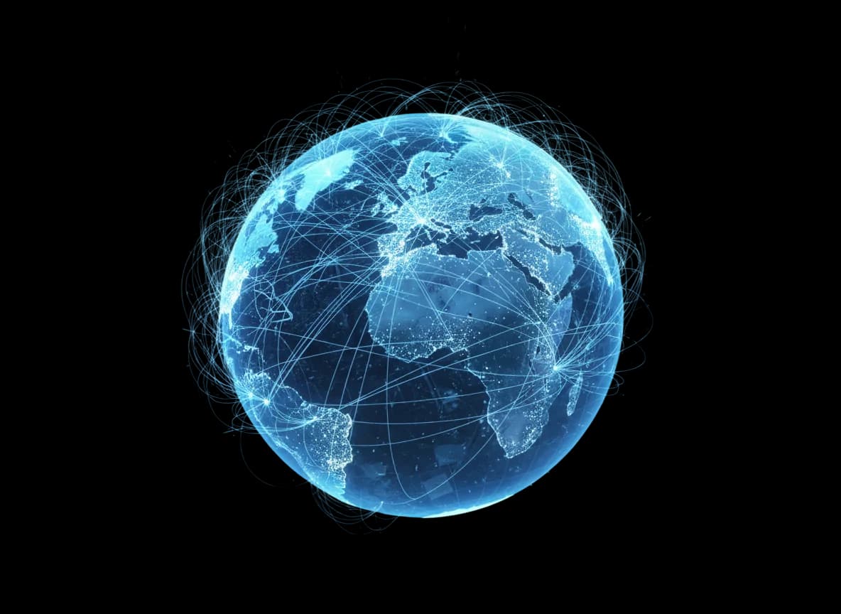 A globe traced with international flight paths