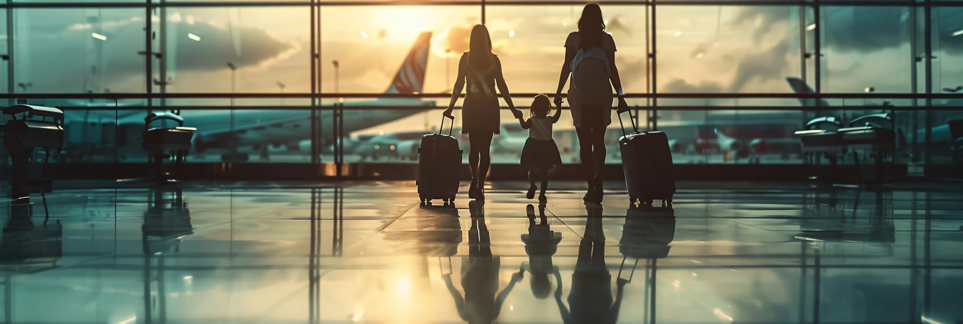 A family walking through an airport terminal with luggage at sunset