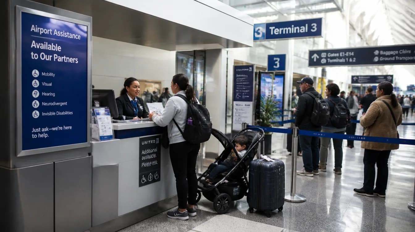 A greeter assisting a family at an airport service desk