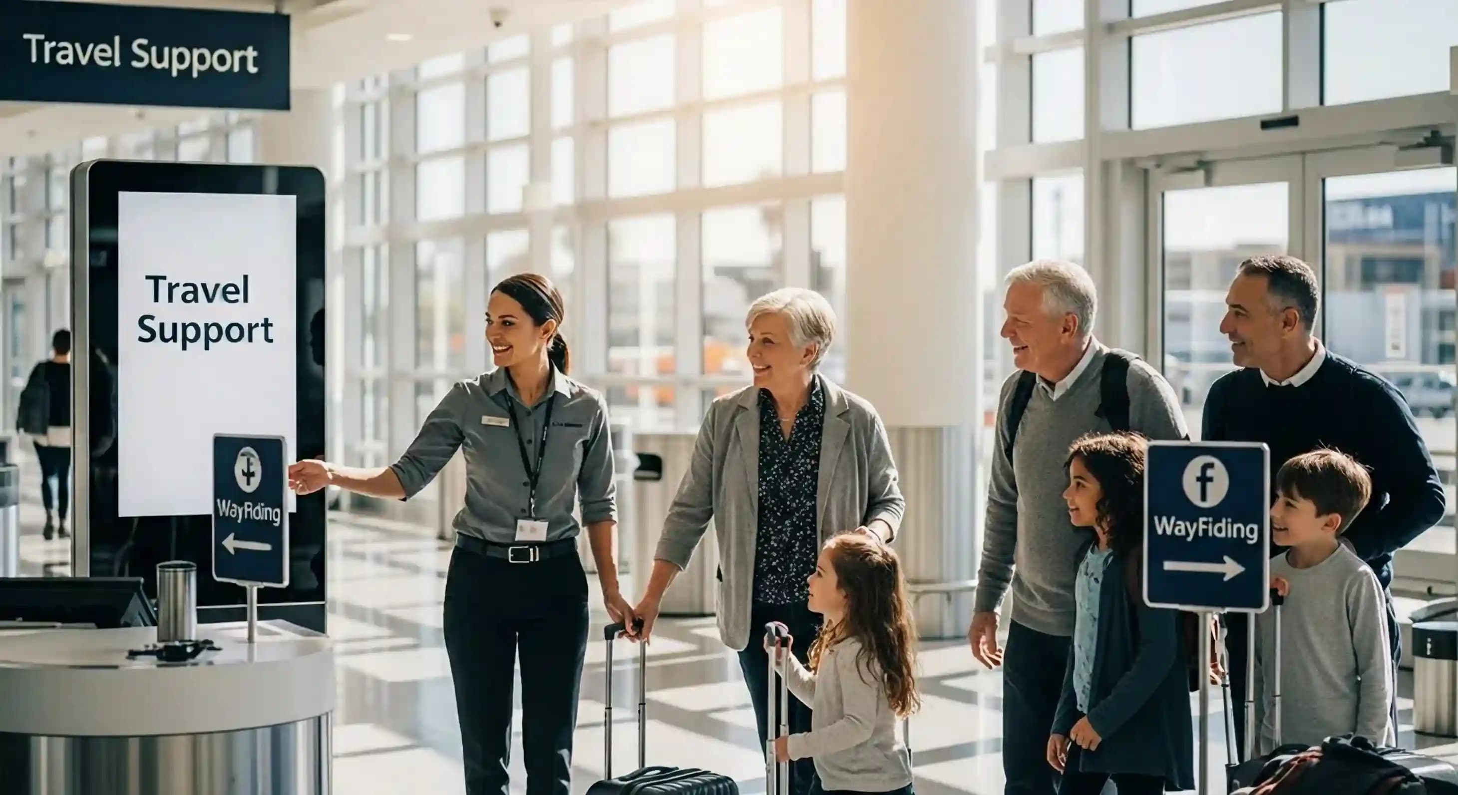 An airport travel support agent directing a family with luggage toward wayfinding signage