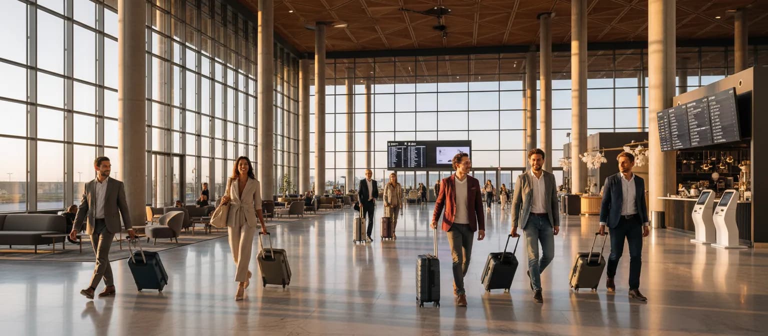 Business travelers walking through a sunlit airport terminal with luggage