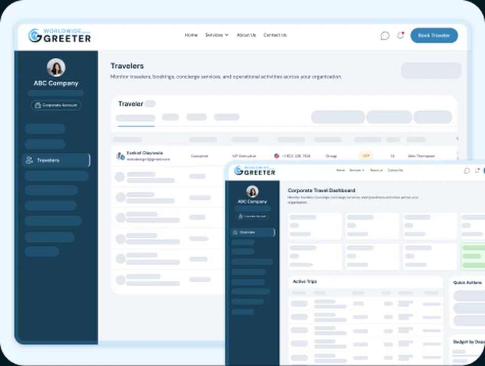 The Worldwide Greeter corporate portal showing traveler and booking dashboards