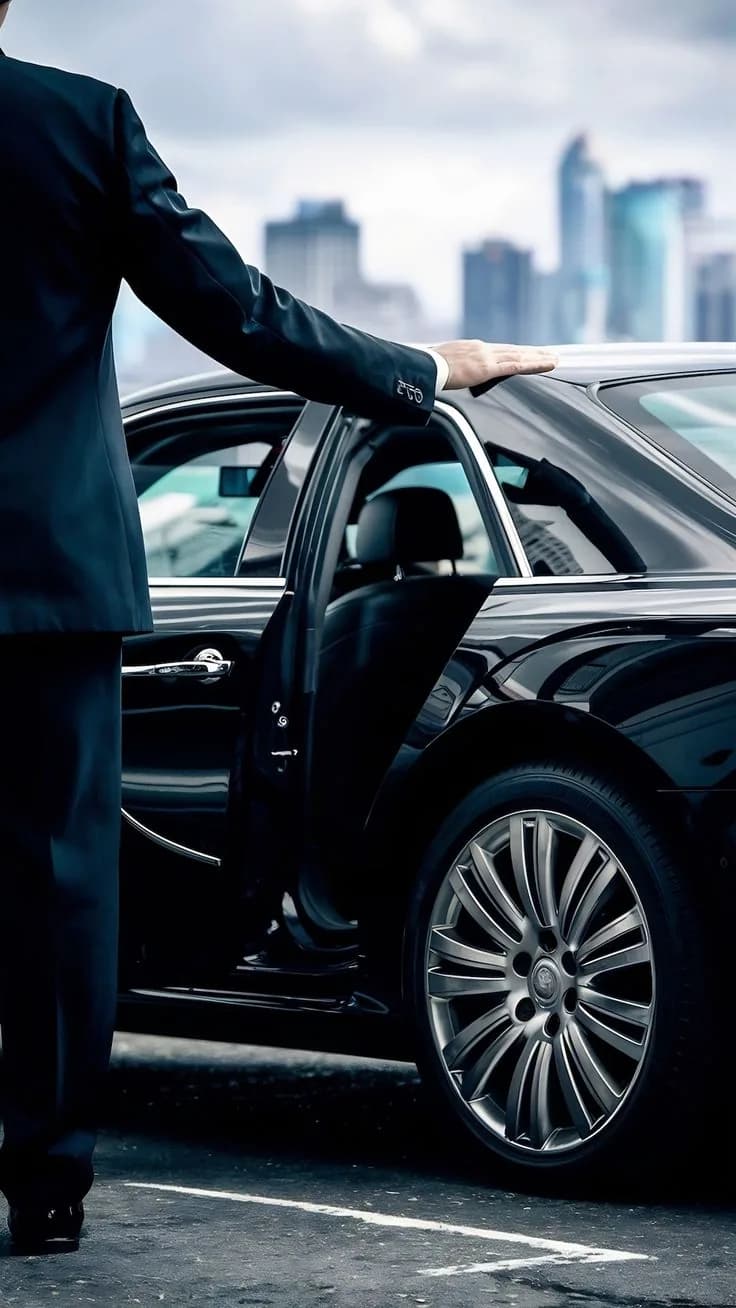 A chauffeured vehicle waiting outside the terminal