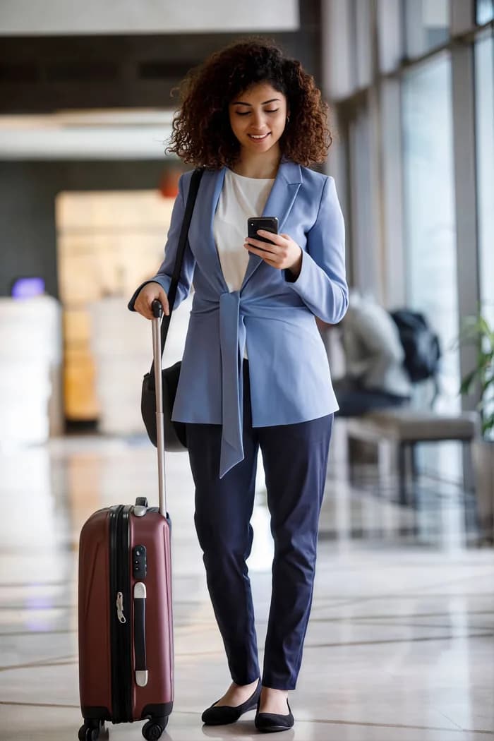 A traveler checking flight details on a phone