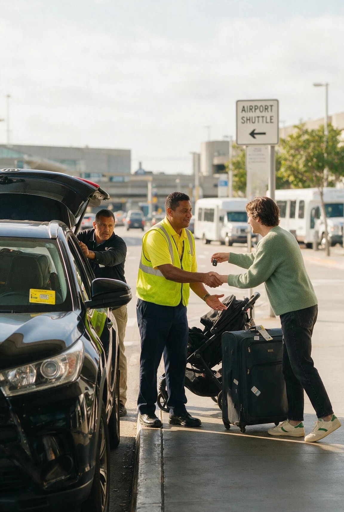 Curbside baggage handling outside an airport terminal
