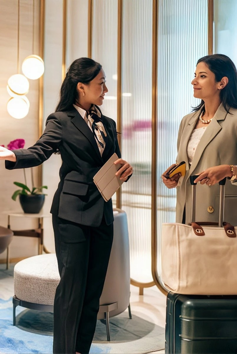 An attendant welcoming a guest into an airport lounge