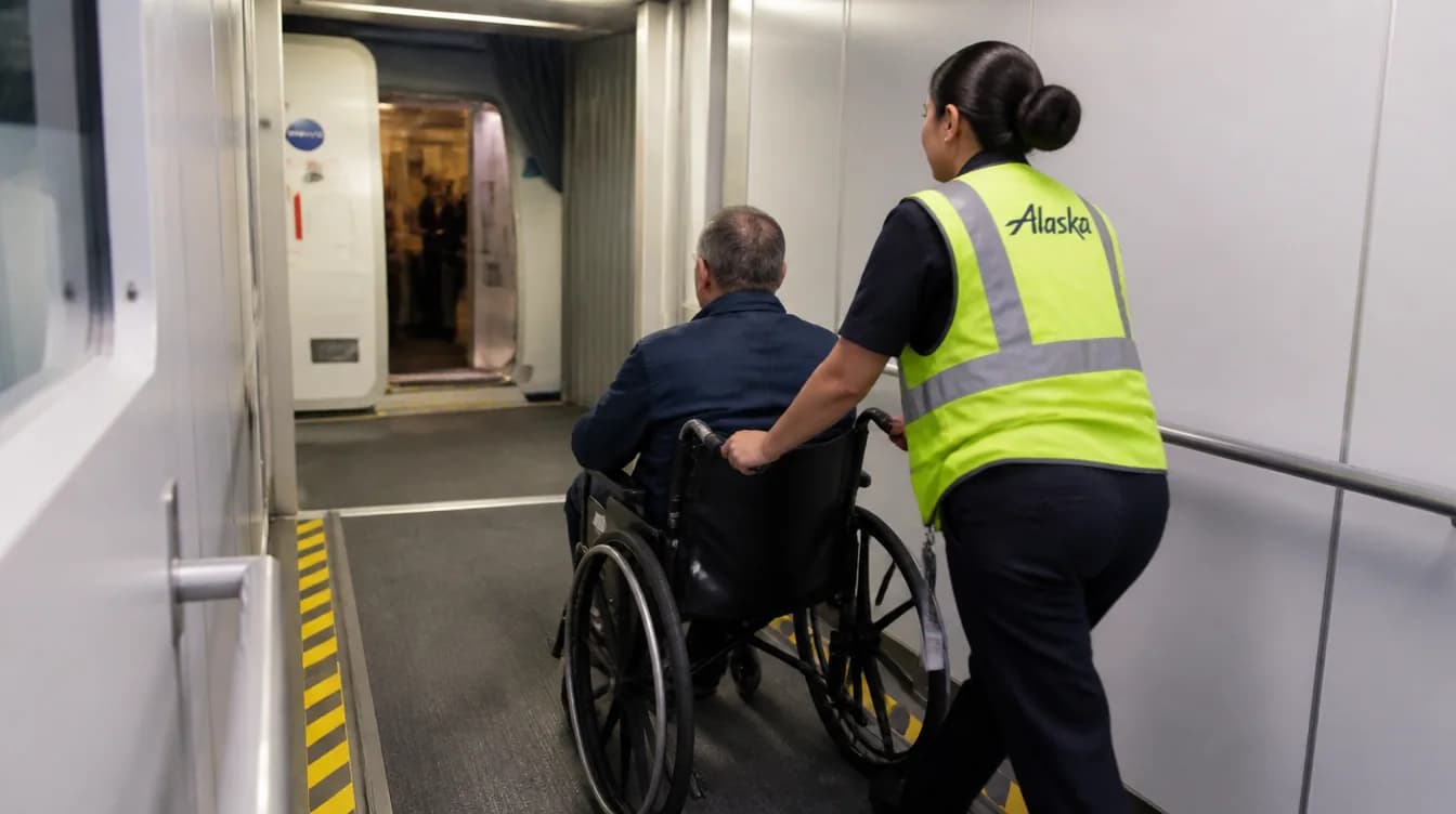 An airport attendant pushing a traveler in a wheelchair through the terminal