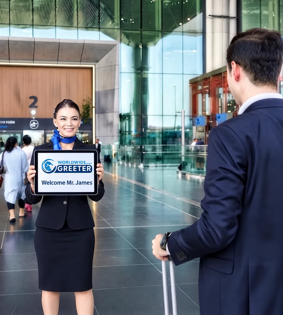 A Worldwide Greeter representative holding a personalized welcome sign in arrivals