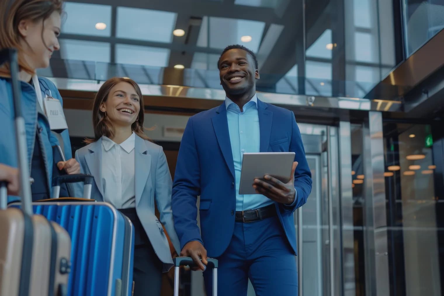 A greeter with a tablet receiving arriving guests