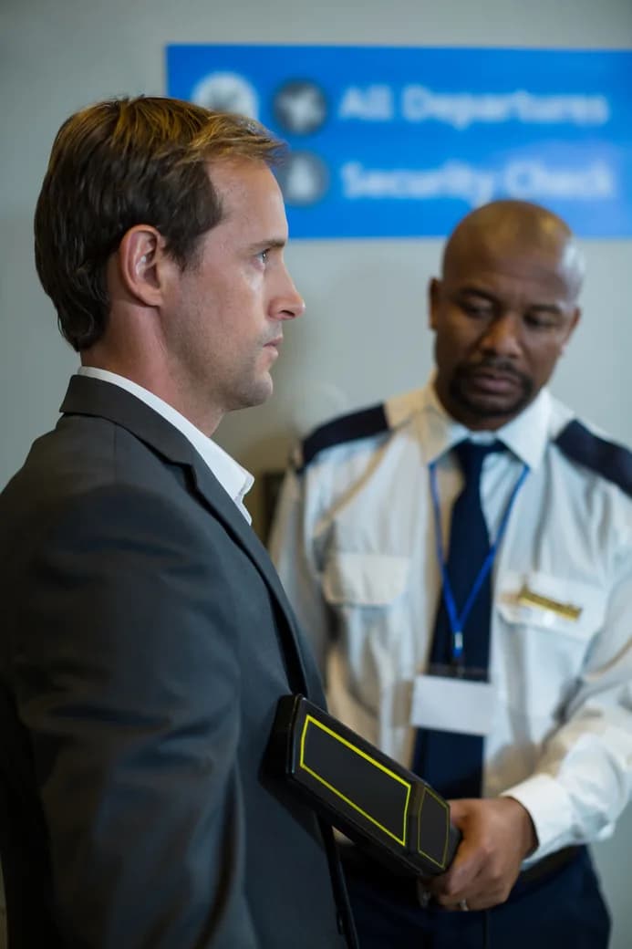 A security officer screening a traveler at an airport checkpoint