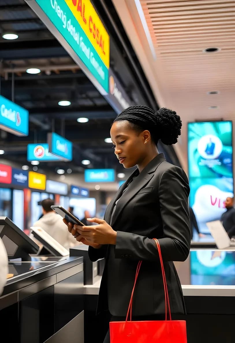 A traveler completing a transaction at an airport counter