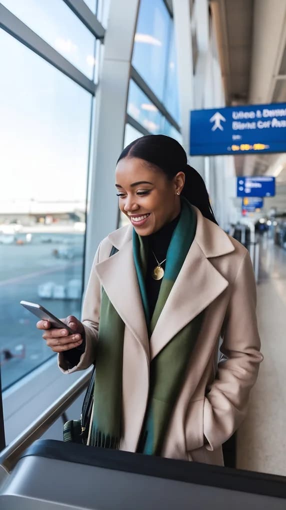 A traveler checking her phone while waiting at a departure gate