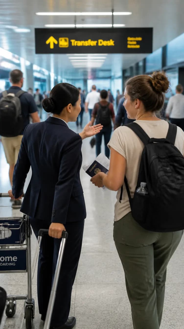 A traveler making their way through a connecting terminal