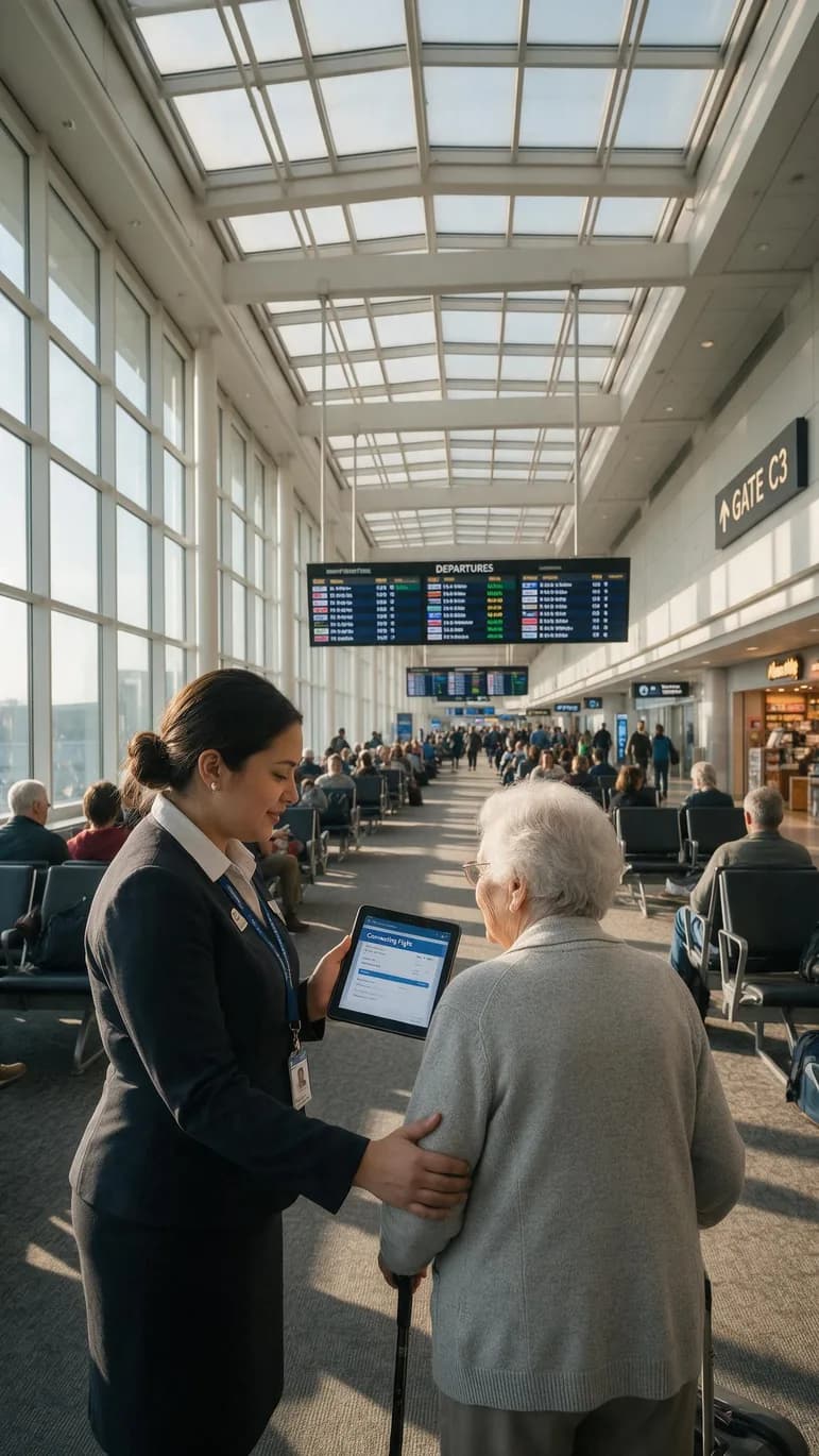 A greeter guiding a traveler toward an onward departure gate