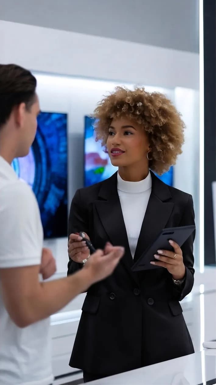 An airport representative with a tablet advising a traveler at a service desk
