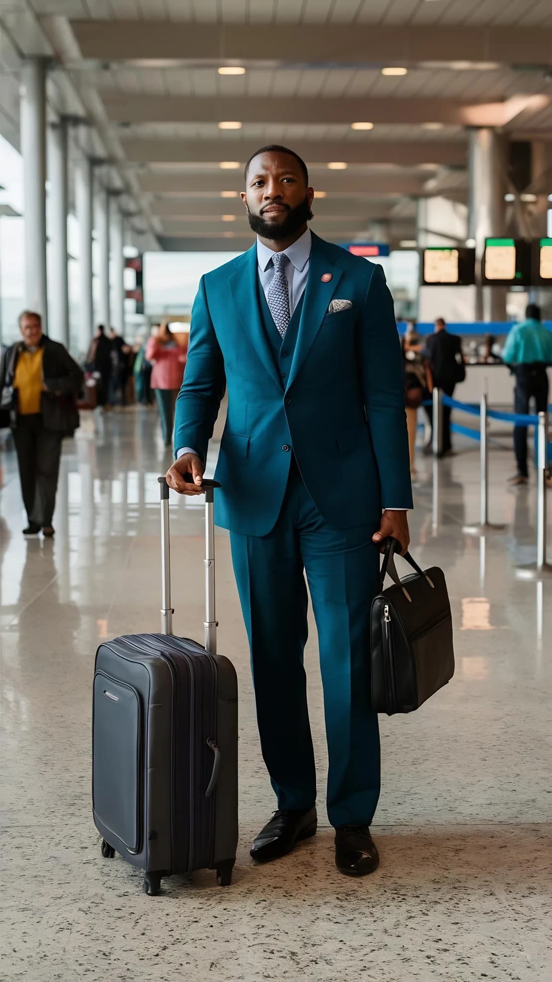 A traveler moving between terminals with a suitcase during a connection