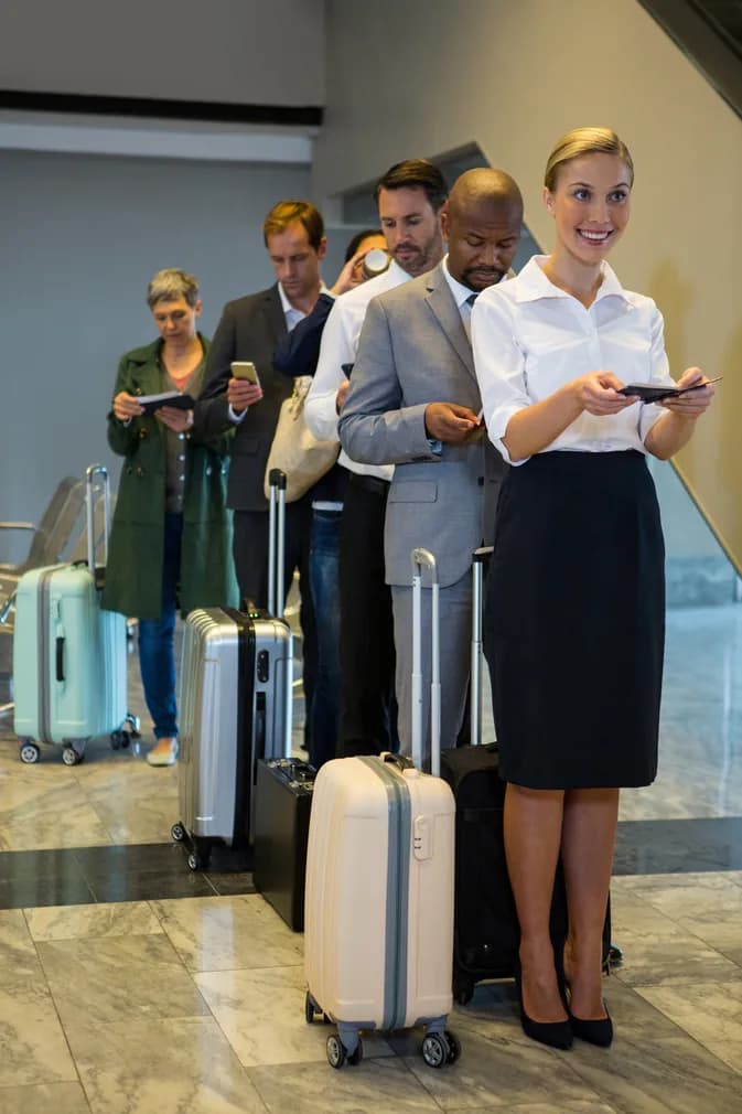 Passengers waiting in line with luggage at a departure counter