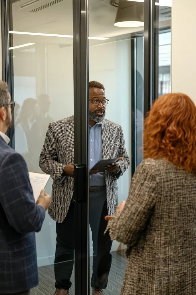Colleagues meeting in a glass-walled office to review travel arrangements