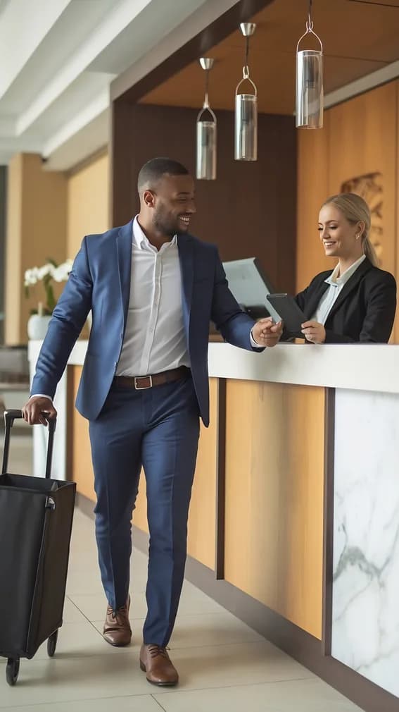 A guest arriving with luggage at a hotel reception desk