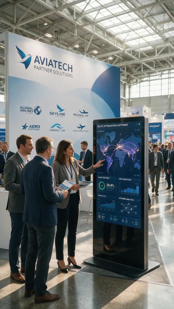 Airline representatives meeting visitors at a partner solutions stand