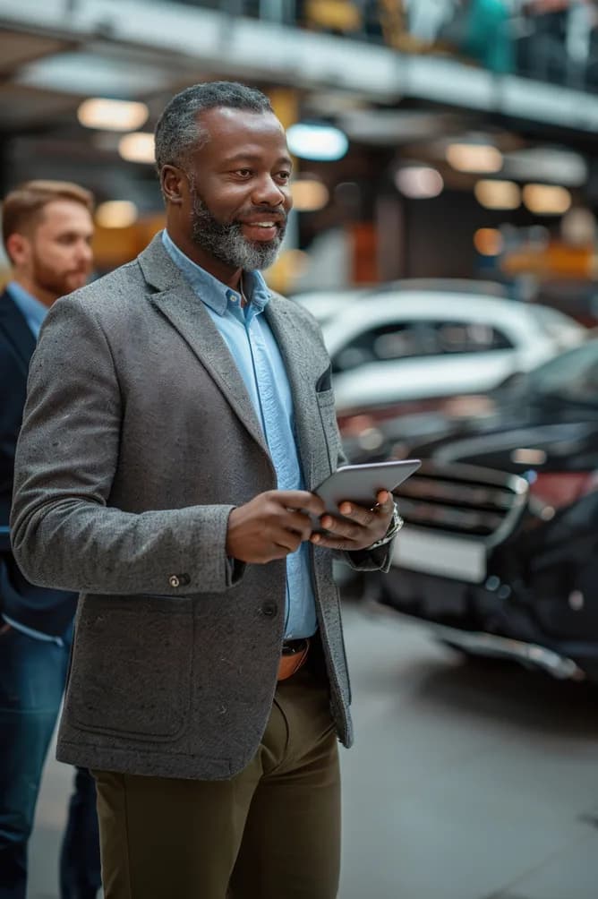 Two professionals reviewing vehicle details on a tablet