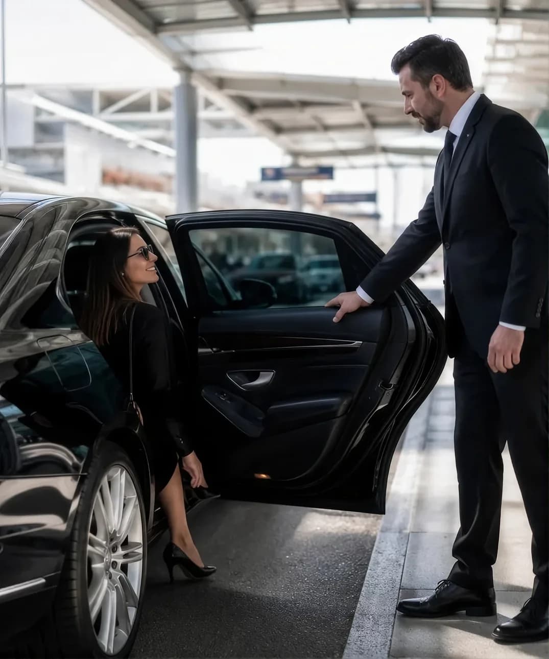 A chauffeured vehicle waiting at the terminal curbside