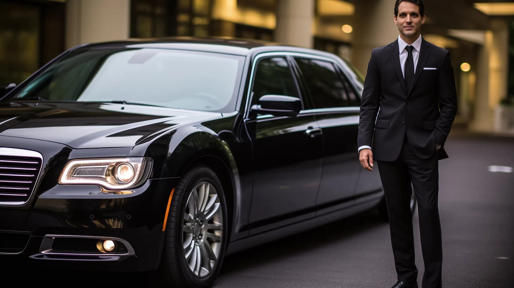 A chauffeur standing beside a waiting sedan