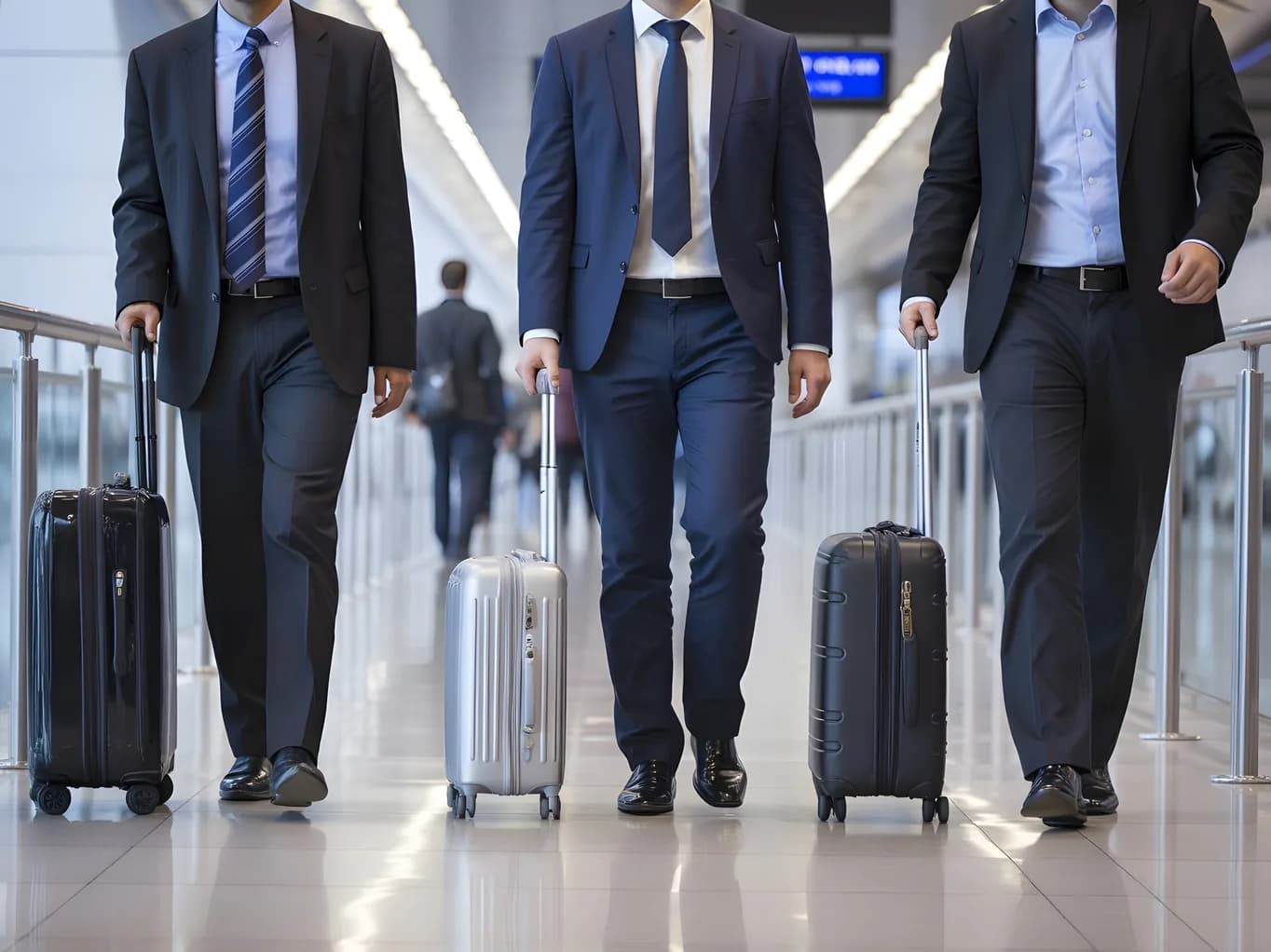 Business travelers walking through an airport concourse with carry-on luggage
